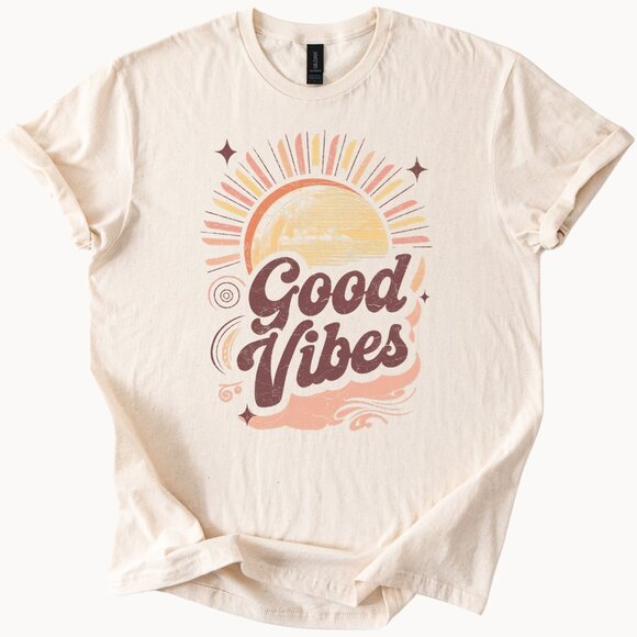 Gildan Tops - Good Vibes Sun Graphic Tee Positive Energy Shirt Retro Sunburst Design